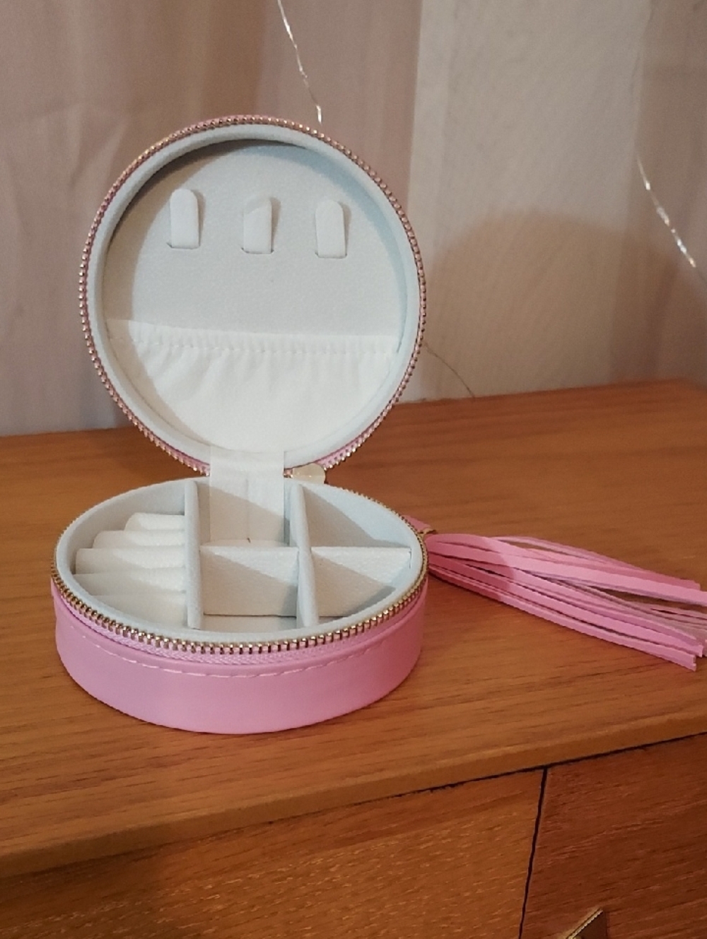 Round Pink Jewelry Travel Case with Tassel